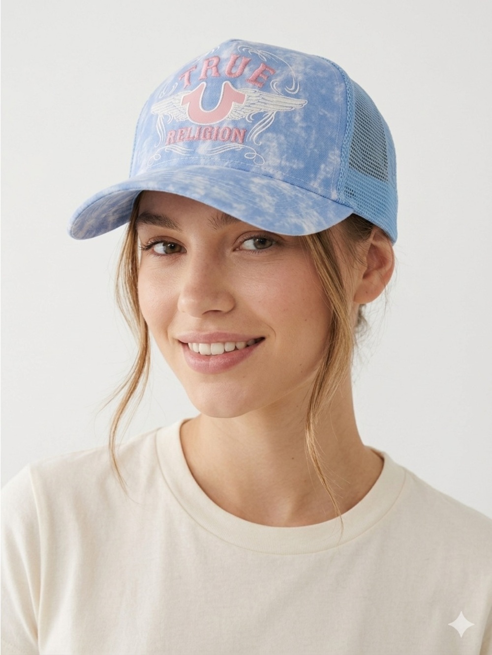 True Religion Blue Tie-Dye Trucker Hat with Pink Logo - Picture 2 of 6